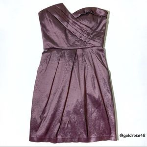 Max & Cleo metallic plum purple colored Lola strapless cocktail dress